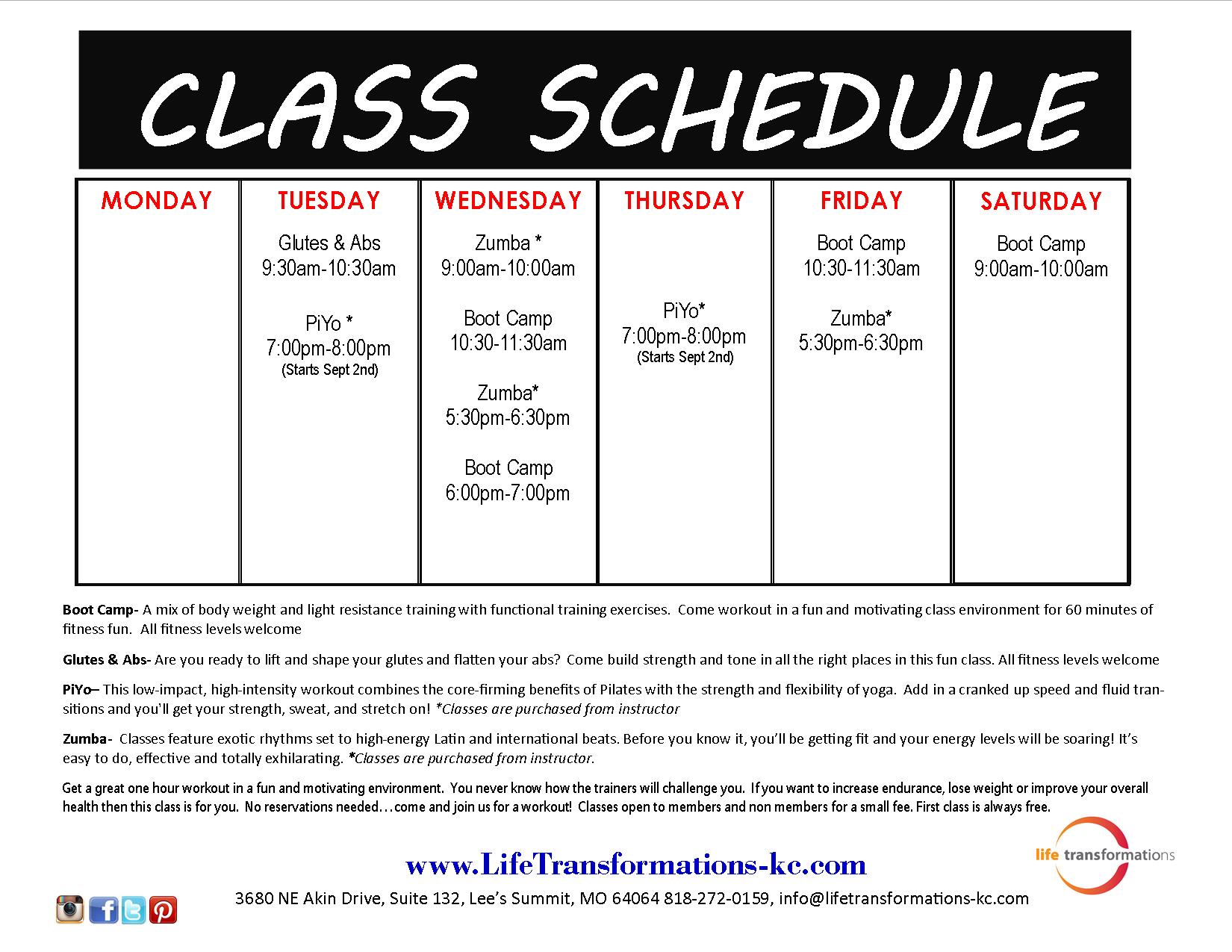 Fitness Class Schedule Life