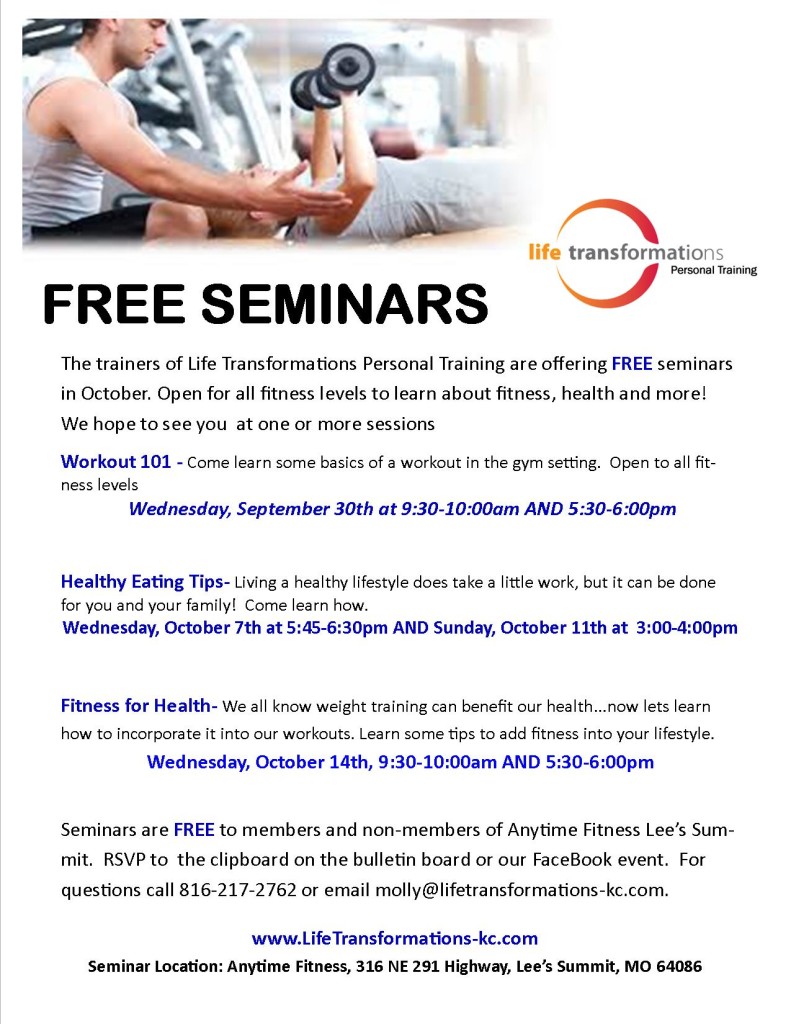 Life Transformations Personal Training free seminars October 2015